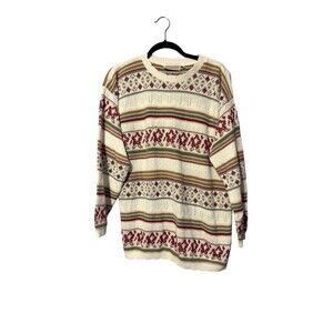 Season Ticket Cabin Sweater Vintage Size 1X White Pink Green Tan Made In USA